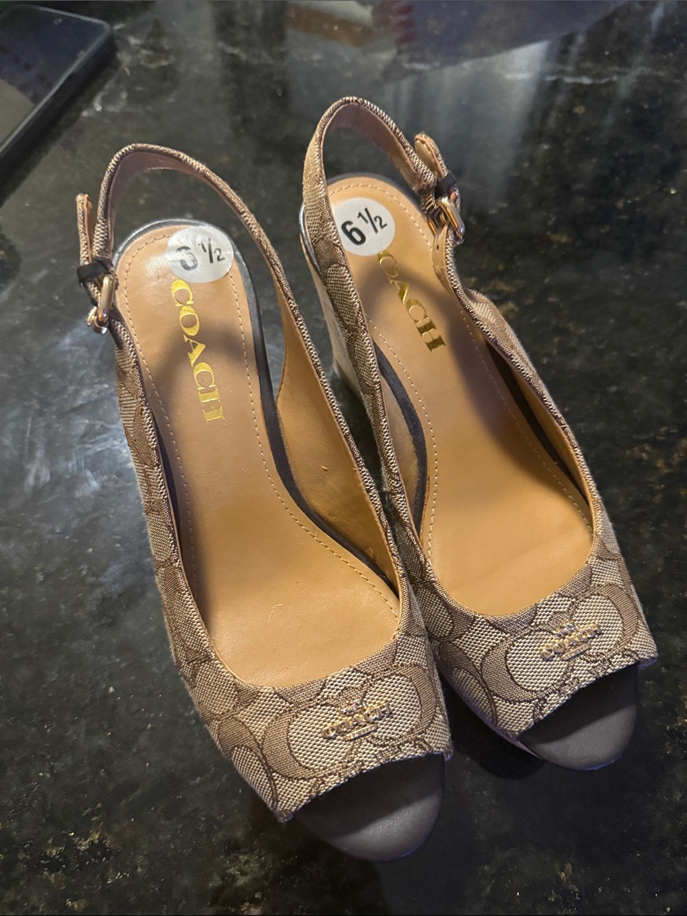COACH Brown Signature Slingback Peep-Toe Wedges